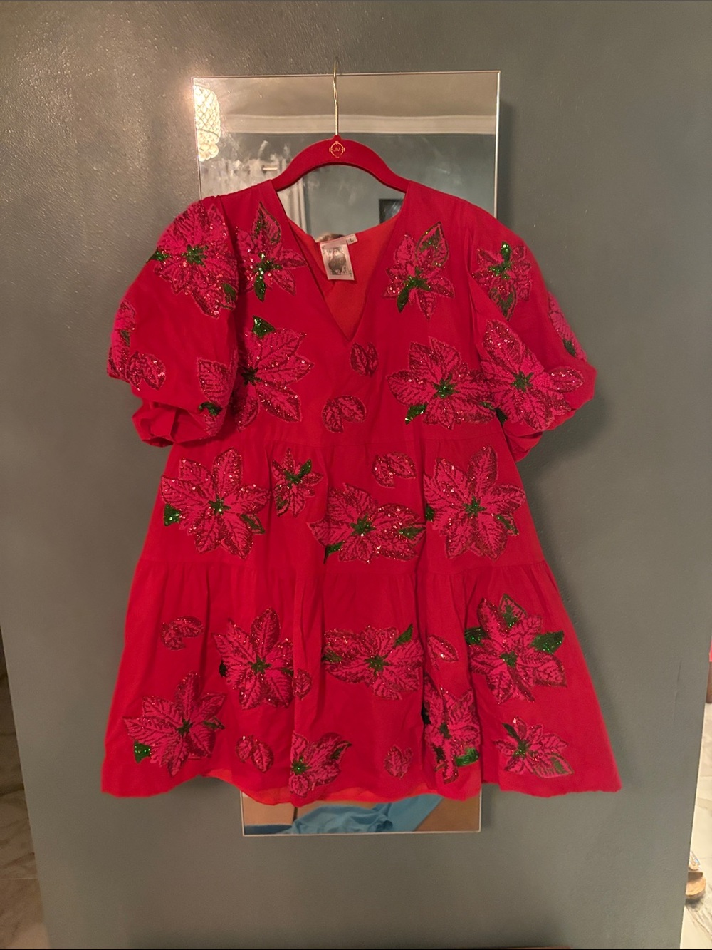 Red Tiered Dress with Poinsettia Embroidery